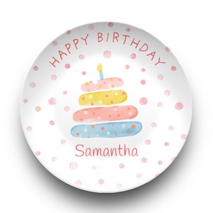 Plato de cumpleaños personalizado, pastel para romper, nombre personalizado, recuerdo de celebración para niña, regalo para niños pequeños, hito anual, hora de la comida infantil, cerámica