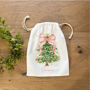 Sac cadeau sapin de Noël avec cordon de serrage pour cadeaux Sac cadeau pour petits cadeaux Sac cadeau des fêtes avec nom noeud rose Sac pour sapin de Noël