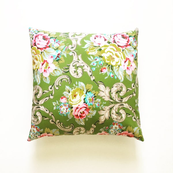 green floral decorative throw pillow cover with ties /18" x 18" / reversible / flowers / yellow pink  blue / shabby chic / home decor