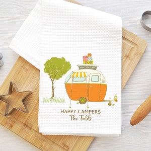 Happy campers kitchen towel, personalized kitchen towel, Camping dish towel, RV towel, camper decor, RV decor, waffle towel