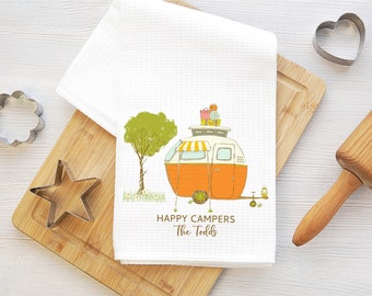 Happy campers kitchen towel, personalized kitchen towel, Camping dish towel, RV towel, camper decor, RV decor, waffle towel