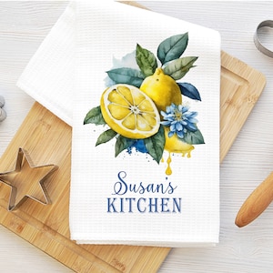 personalized lemon kitchen towel, lemon tea towel, personalized Mother&#39;s day gift, lemon kitchen decor, gift for mom, waffle towel