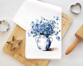 forget me not kitchen towel, floral dish towel, farmhouse kitchen towel, spring kitchen towel, farmhouse kitchen decor, waffle towel