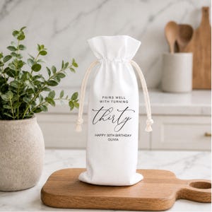 30th Birthday Gift Wine Bottle Bag Customizable Tote Canvas Drawstring Holder Personalized Turning Thirty Celebration Present Custom Funny