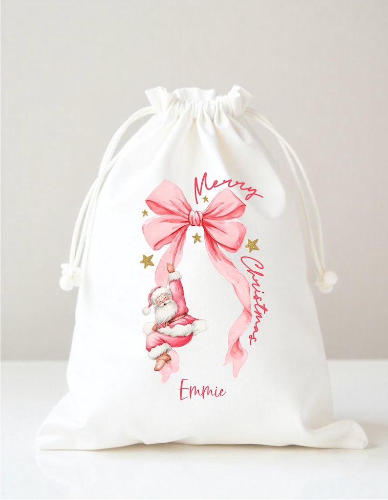 Festive Holiday Party Favor Bags Personalized Christmas Drawstring Pouch Custom Name Gift Bag Classroom Kids Treat Storage Container Reusable White Cotton Fabric Premium Material Quality Construction Teacher Appreciation Gift Holiday