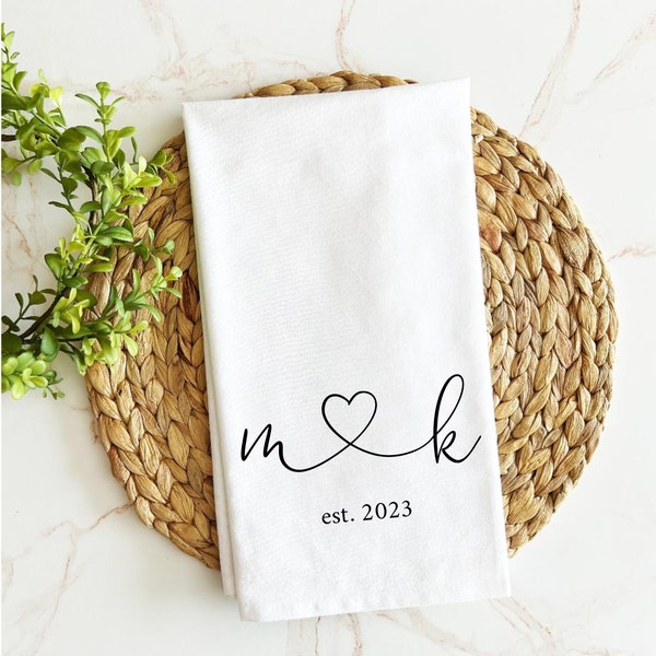 personalized initials and heart tea towel, personalized tea towel, custom tea towel, wedding gift for newlyweds, bridal shower gift