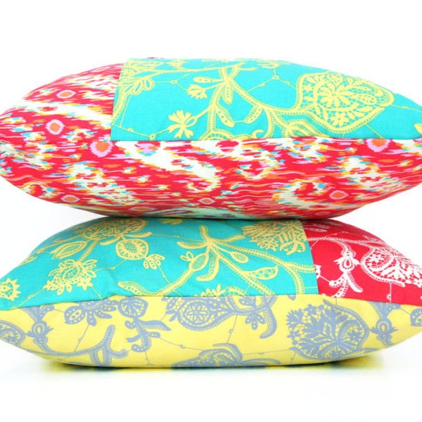 decorative throw pillow cover / 18" / red / yellow / teal / reversible / dorm decor