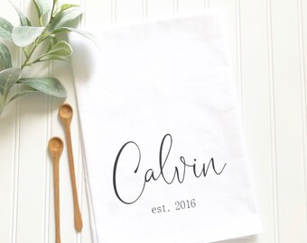 custom name tea towel, personalized tea towel, wedding gift, gift for newlyweds, cotton anniversary, 2nd anniversary gift, housewarming gift