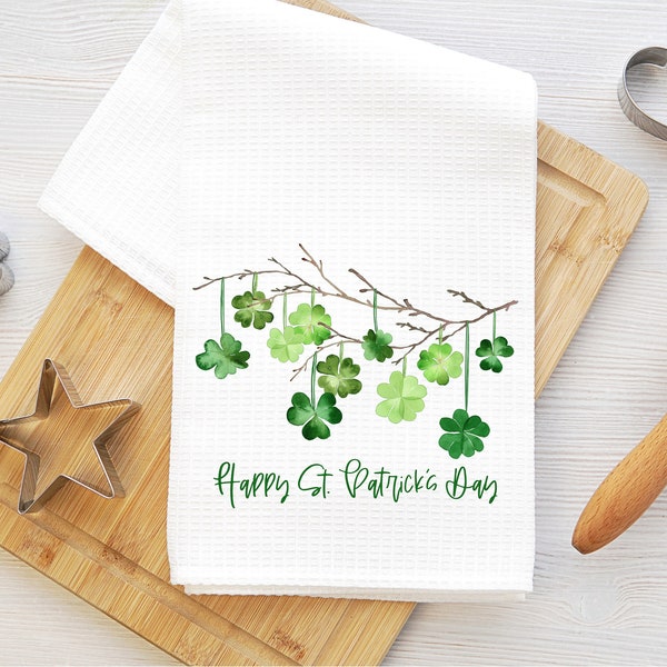 St. Patrick's Day kitchen towel, shamrock towel, clover kitchen towel, St. Patrick's Day decor, dish cloth, waffle weave towel