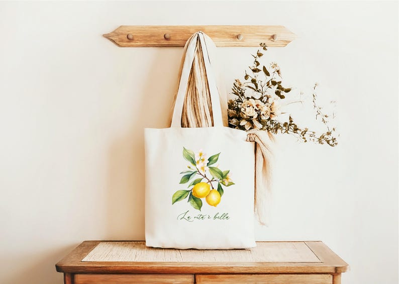 Italian Lemon Citrus Print Tote Bag Cotton Canvas Reusable Shopping Carrier Wedding Welcome Gift For Bridesmaid Bridal Party Favor Natural Eco Friendly Material Sustainable Grocery Beach Bag Daily Use Premium Quality Construction Perfect