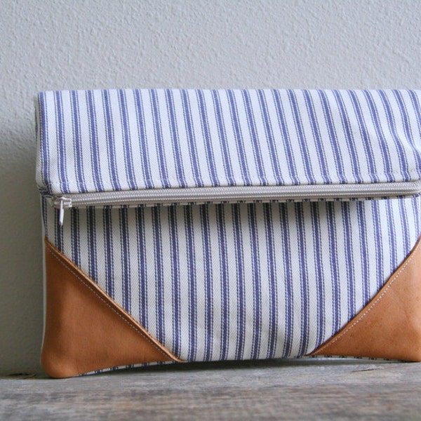 foldover clutch in blue and cream ticking with leather corners / vintage inspired / nautical / stripes / ticking