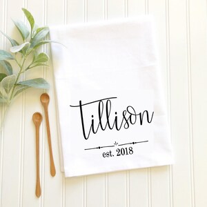 Flour Sack Cotton Towel Personalized Kitchen Cloth Custom Name Year Monogram Design Wedding Gift Newlywed Couple Housewarming Present New Home Owner Gift Bride Shower Hostess Present Machine Washable Premium Quality Heat Press Lettering