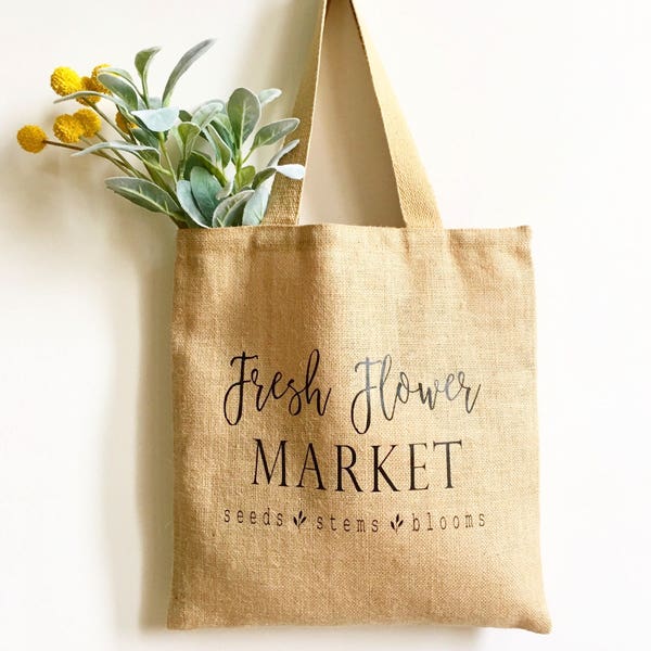 market tote bag, mother's day gift, farmers market bag, fresh flower market, burlap bag, grocery bag, gift for mom, gift for her