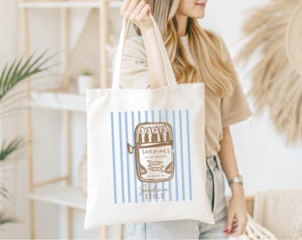 Italian Sardines Cotton Canvas Tote Bag, Mediterranean Grocery Shopper
