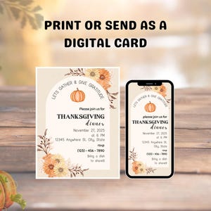 Thanksgiving Dinner Digital Invitation, Thanksgiving Potluck invite, Friendsgiving Party Editable evite, Instant download, Canva template
