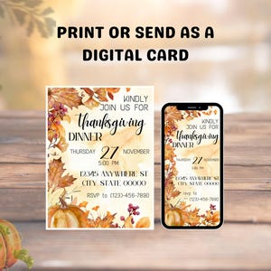 Editable Thanksgiving Dinner Invitation, Digital Thanksgiving Potluck invite, Friendsgiving Party evite, Instant download, Canva template