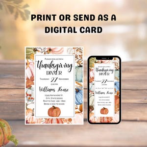Thanksgiving Dinner Invitation Editable, Thanksgiving Potluck invite, Digital Friendsgiving Party evite, Instant download, Canva template