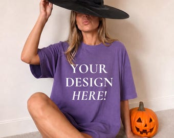 Maqueta de camiseta Halloween violeta comfort colors 1717, maqueta de camiseta extragrande Witchy Purple cc1717,