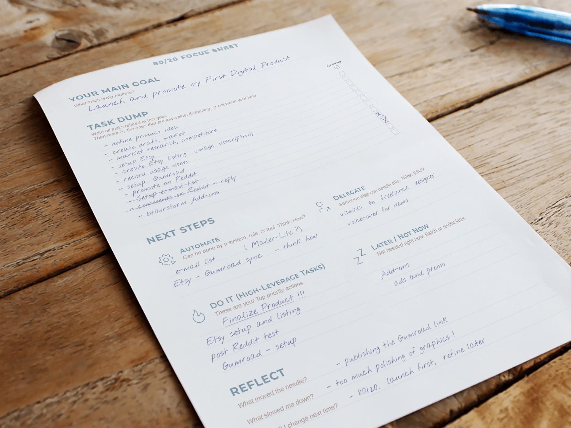 80/20 Focus Sheet – Printable Productivity Template PDF, Task ...