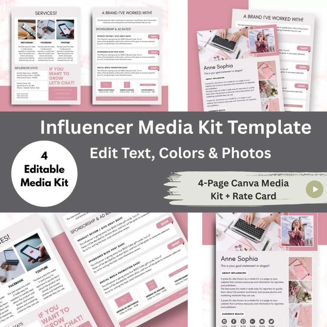 Influencer Roster Sheet Influencer Media Kit Canva Template | 4 Page Editable Rate Card ...