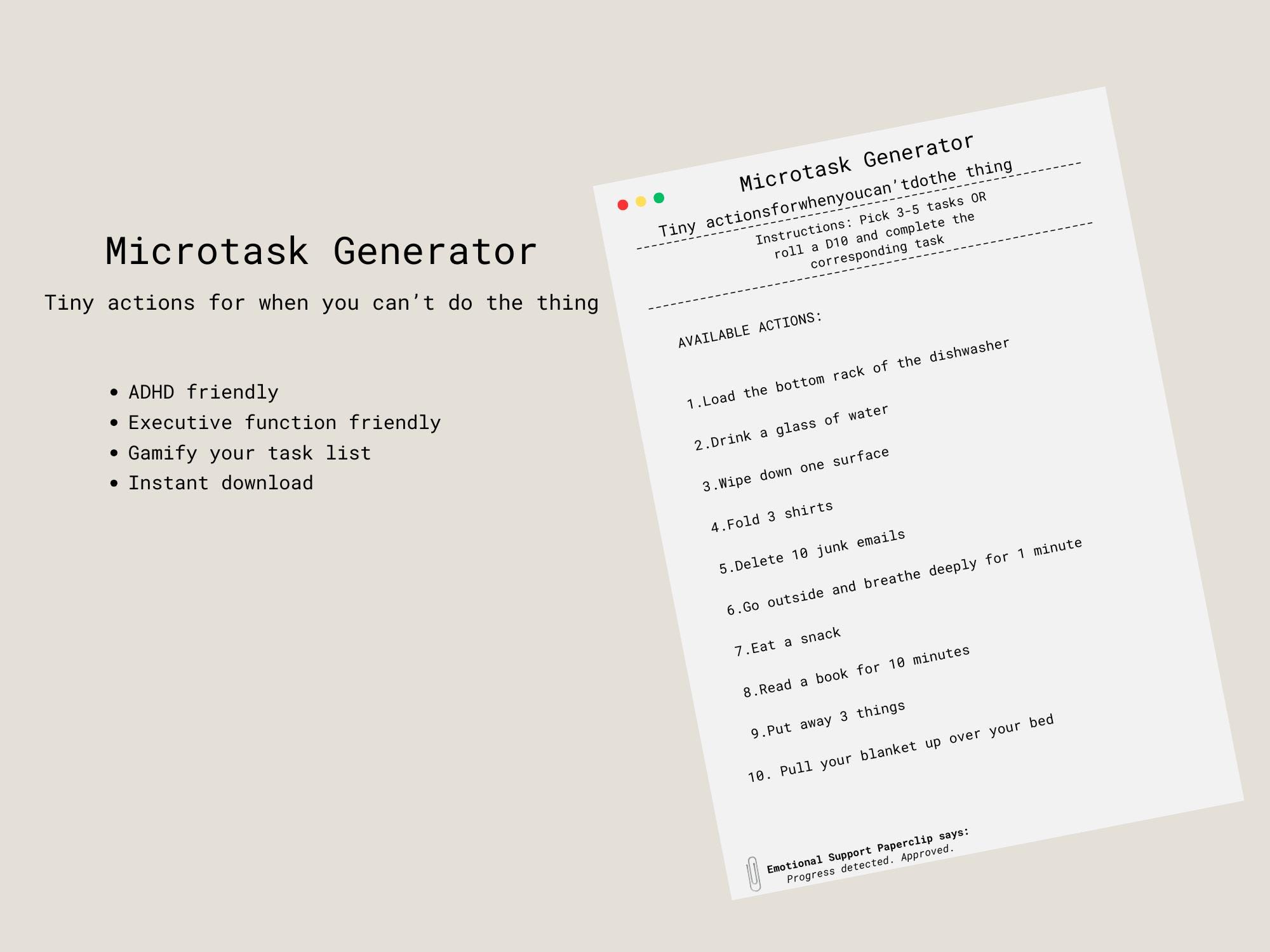 Microtask Generator Printable | ADHD Friendly Task List | Executive ...