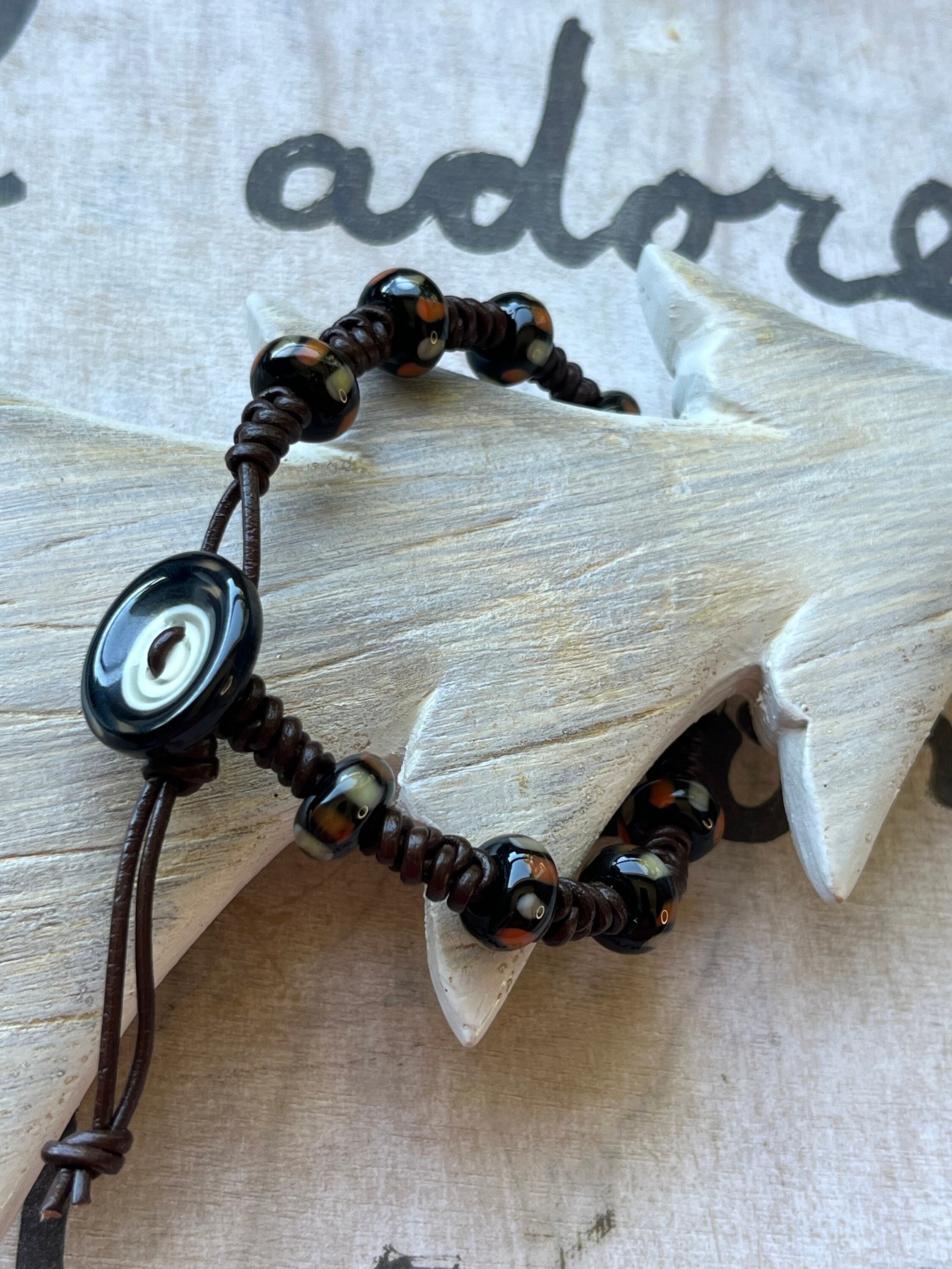 Brown Leather and Lampwork Glass Spanish Knot Bracelet With