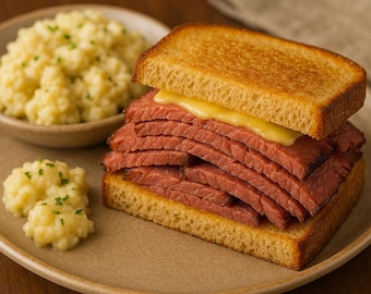 On Wings of Pastrami -- Grilled Rye Sandwich with Potato Salad