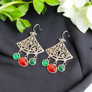 Minimalist Dangle Earrings with Natural Green Agate and Carnelian Stones – 925 Sterling Silver