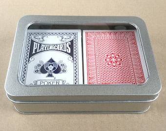 Double Playing Card Box With Window, Poker Card Box, Rectangular Metal Tins, Blank Tins, Colour Silver 300ml Tin Box, Organising Box