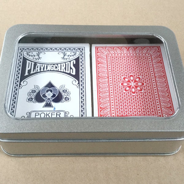 Caja de naipes doble con ventana, caja de cartas de póquer, latas de metal rectangulares, latas en blanco, caja de lata de color plata de 300 ml, caja organizadora