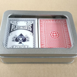 Dubbele speelkaartendoos met venster, pokerkaartendoos, rechthoekige metalen blikken, blanco blikken, kleur zilver 300 ml blikken doos, opbergdoos