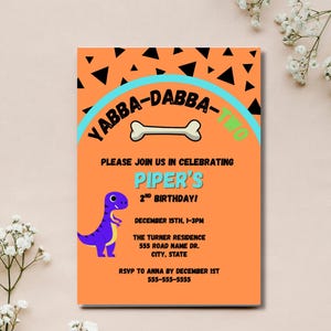 Yabba Dabba Two Birthday Invite, 2nd Birthday, Flinstones Inspired, Editable Template, Purple Dinosaur, Yabba Dabba Two