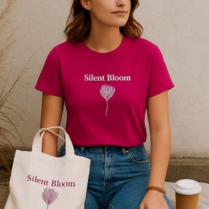 Puede incluir: Una camiseta magenta con el texto "Silent Bloom" y una ilustración floral. También se ve un bolso tote a juego con el mismo diseño. La modelo lleva vaqueros azules y tiene una taza de café cerca.