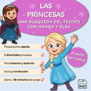 Búsqueda del Tesoro Princesas PDF • Hanna & Elba • Desde 3 años • Para cumpleaños o escuela • Con invitación