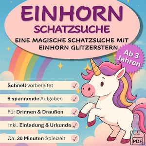 お子様の誕生日パーティーのためのユニコーンの宝探しゲーム - PDF版 3歳以上対象 - 屋内でも屋外でも楽しめる - 魔法のユニコーンアドベンチャー