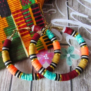 Afrocentric Heishi Bead Hoops/Kente Style Hoop Earrings/ Ethnic Hoop Earrings/ 2 Inch Hoop Earrings/ Handmade Jewelry/ Colorful/Earth Tones