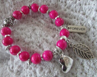 Bracelet: Hot Pink Beaded Bracelet w/Charms