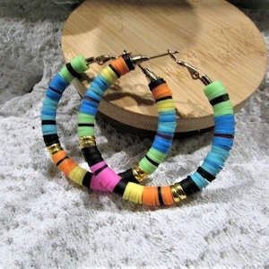 Heishi Hoops/Rainbow Multi Beaded Hoops/ Multi Color Hoop Earrings/ 2 Inch Hoop Earrings/ Handmade Jewelry/ Colorful/Gift For Her/
