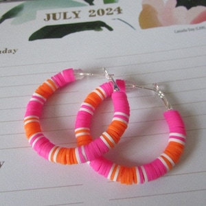 Heishi Hoops/Pink/Orange Beaded Hoops/ Multi Stripe Hoop Earring/ 2 Inch Hoop Earrings/ Handmade Jewelry/ Colorful/Gift For Her/Summer Hoops