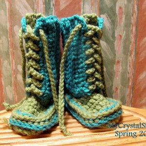 Crochet Baby Boots /Color Block Lace Up Baby Booties /Teal and Green Baby Boots /Leg Warmers /Baby Shoes/ Baby Boy and Girl Boots