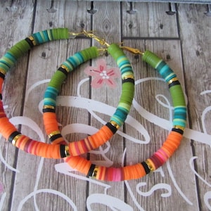 Big Heishi Hoops/ Multi Orange/Teal Hoop Earrings/ Beaded Hoop/ 2.75 Inch Hoop/ Handmade Jewelry/ Colorful/ Summer Accessories/ Beachwear