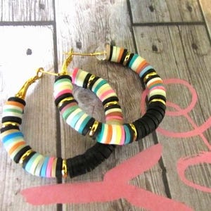 Multi Stripe Heishi Hoops/ Small Multi Hoop /Clay Bead Hoop Earrings/ 1.5 Inch Hoop/ Handmade Earrings/ Colorful/Vinyl Bead Hoops/ Gift Item