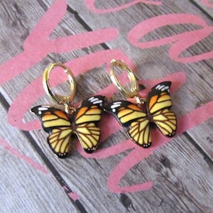 Tiny Yellow Butterfly Drop Earrings/Small Charm Earrings/1 Inch Drop Earrings/ Gift item/ / Gold Earrings/  Colorful/ Butterfly Lovers