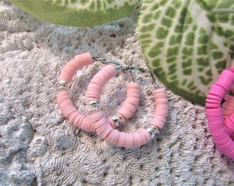 Heishi Hoops/Soft Pink Hoop Earrings/ Beaded Hoop Earrings/ 1.5 Inch Hoop/ Handmade Jewelry/ Colorful/ Summer Accessories