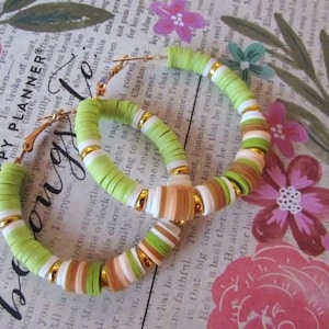 Lime Green Multi Heishi Hoops/ Assorted Heishi Hoop Earrings/ Beaded Earrings/ 2 Inch Hoop Earrings/ Handmade / Colorful/Summer Accessories