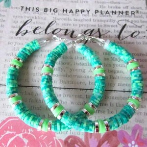Teal Multi Heishi Hoops/ Aqua/Lime Hoop Earrings/ Beaded Hoop Earrings/ 2 Inch Hoop Earrings/ Handmade Jewelry/ Colorful/Summer Accessories