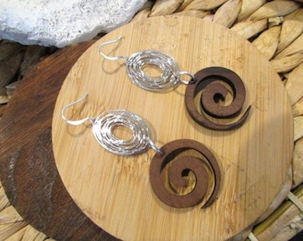 Wood Spiral Drop Earring |Silver Drop Earring | Gift For Her | Dangle Earring | Geometric Earring | Silver Earring | Handmade | Gift for Her