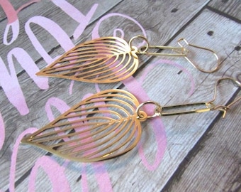Gold Filigree Leaf Earrings, Lightweight Boho Dangle, 3-Inch Drop