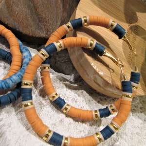 Ethnic Hoops | Blue and Gold Heishi Hoops | Large Heishi Hoop | 2.5 Inch hoops | Colorful Hoop Earrings | Clay Bead Hoop |Summer Beach Hoop