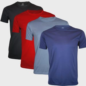 Könnte beinhalten: Vier kurzärmelige T-Shirts in einer Reihe, jedes in einer anderen einfarbigen Farbe. Die Farben sind Schwarz, Rot, Hellblau und Marineblau. Die Shirts haben einen Rundhalsausschnitt und sind aus einem glatten, wahrscheinlich synthetischen Material.
